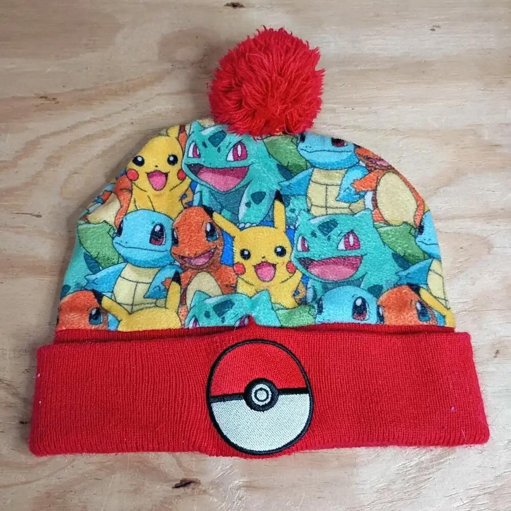 Pokemon Beanie Hat Pokeball Red Pom Pikachu Charmander Squirtle Bulbasaur Adult